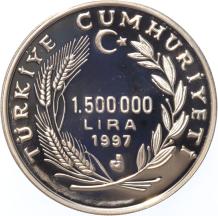 Turkey 1.500.000 Lira Myra'li Aziz Noel 1997 silver Proof