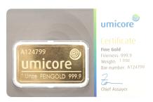 Goudbaar 1 oz, 31.1 gram  Umicore incl. certificaat