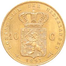 Nederland 10 Gulden goud Wilhelmina lang haar