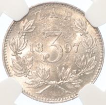 South Africa Paul kruger 3 pence 1897  silver BU/MS63