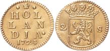 Holland Dubbele wapenstuiver goud 1724/23 PR/FDC