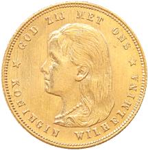 Nederland 10 Gulden goud Wilhelmina lang haar