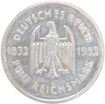 Germany Weimar Goethe 5 Mark silver 1932G XF/AU