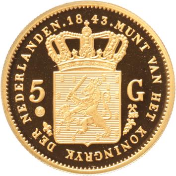 Replica van de Gouden  5 Gulden 1843 Koning Willem II in Goud  